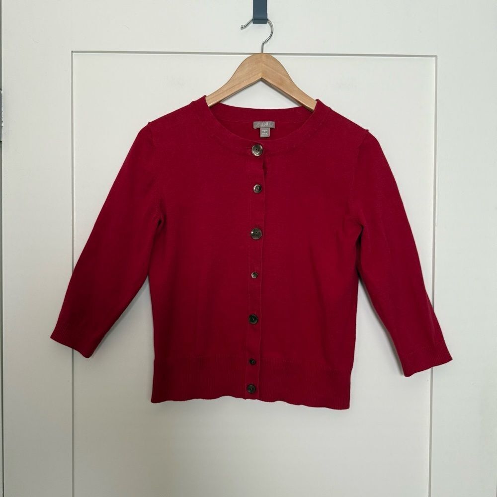 J Jill Cardigan Sweater Womens Sz S Red Knit Mixed Buttons 3/4 Sleeve Office